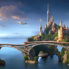 Majestic castle on island with elegant bridges in serene landscape