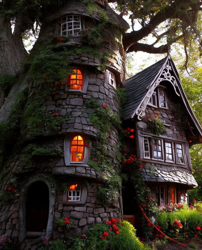 Stone treehouse nestled in lush greenery with warm glowing windows and red flowers