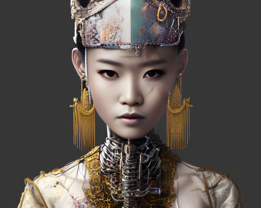 Portrait of Woman with Intricate Headpiece and Cybernetic Neck in Traditional Asian-Futuristic Fusion