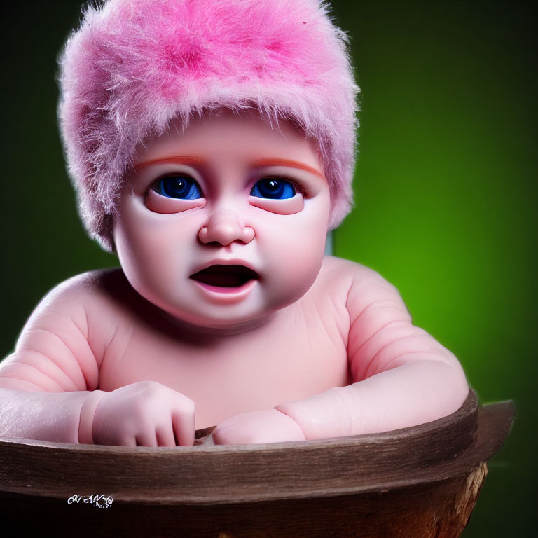 Baby in Pink Fluffy Hat Peering Over Wooden Barrel