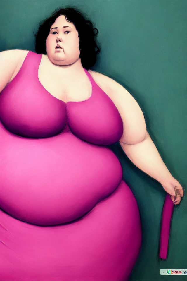 Portrait of Plus-Sized Woman in Pink Swimsuit on Green Background