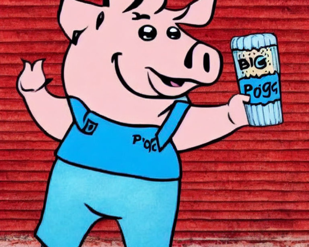 Animated pig in overalls painting graffiti on red brick wall