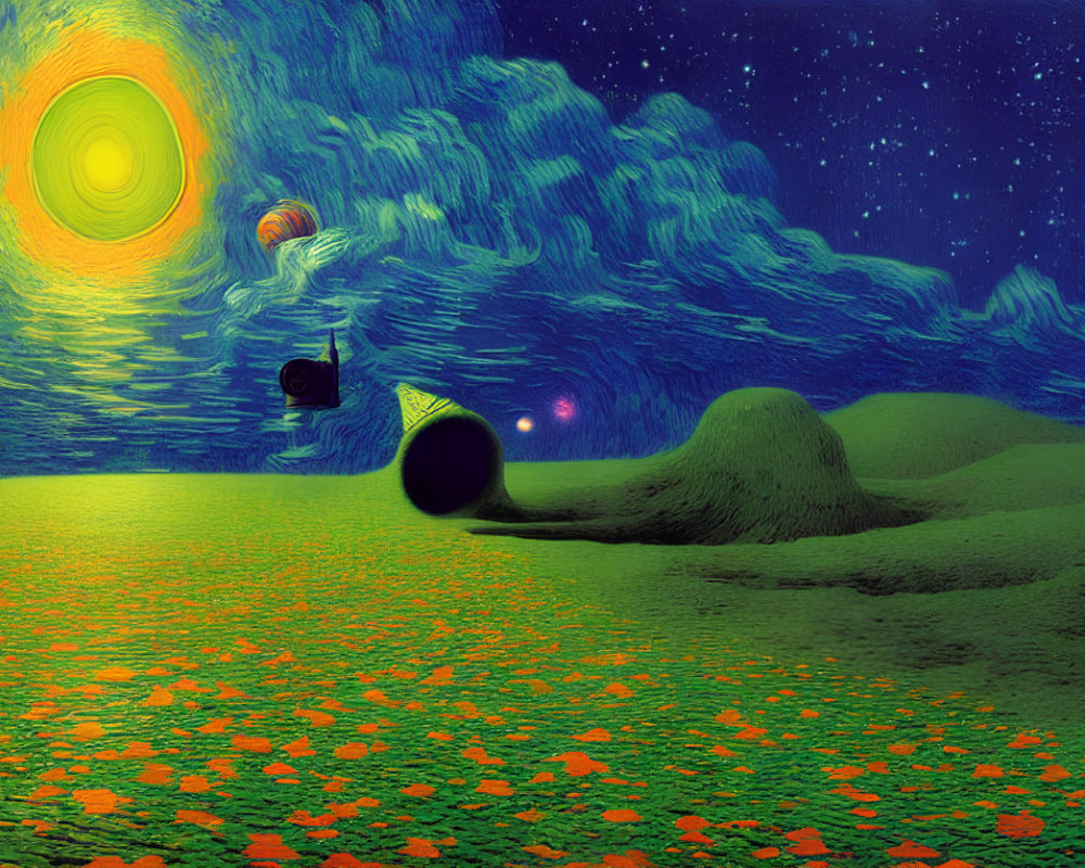 Surreal landscape with starry sky, vibrant sun, rolling hills, flowers, and geometric shapes