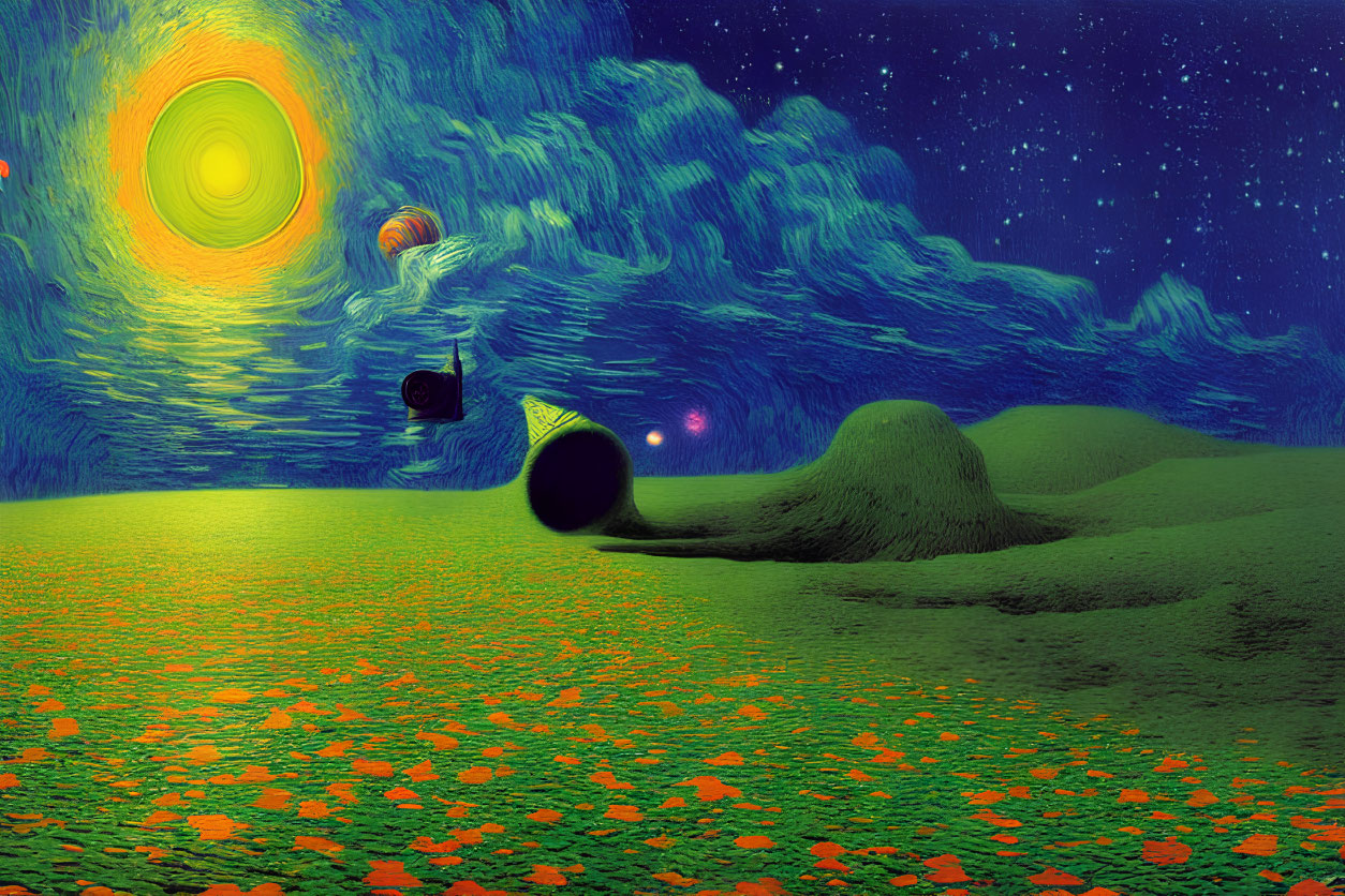 Surreal landscape with starry sky, vibrant sun, rolling hills, flowers, and geometric shapes