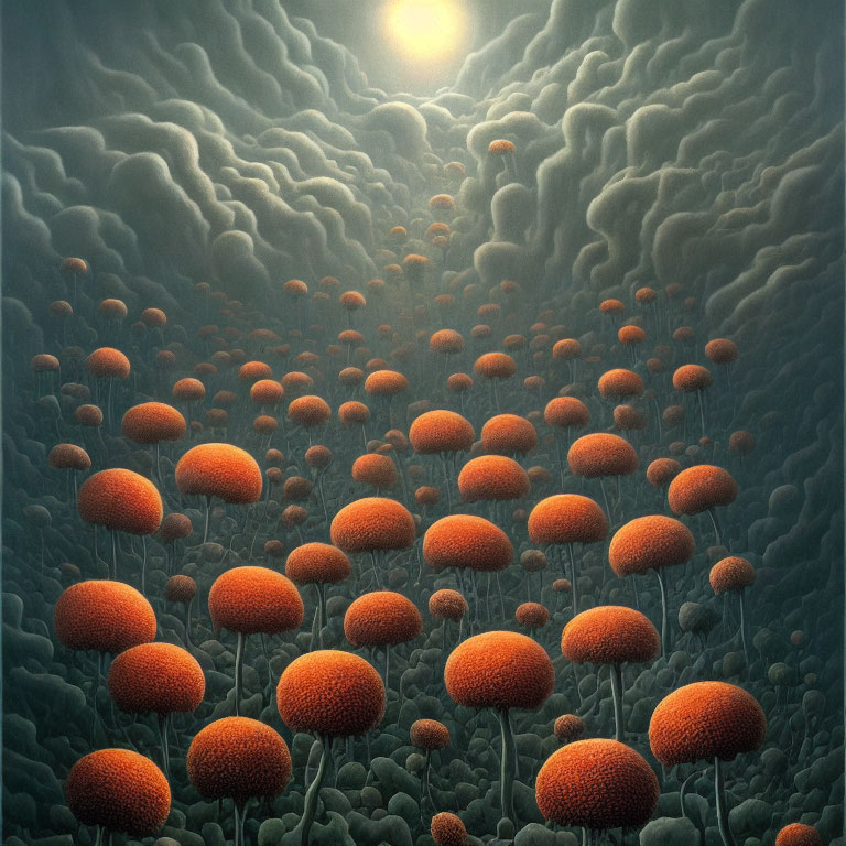 Surreal landscape with orange mushroom-like trees under dramatic sky