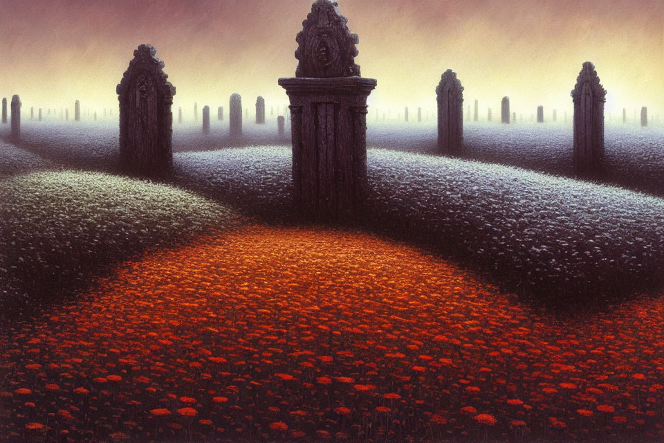 Surreal landscape with red flowers, stone pillars, and archways