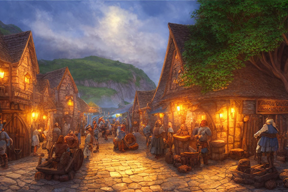 Medieval village scene at dusk with villagers, merchants, cobblestone paths, thatched-roof