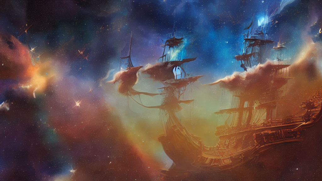 Colorful nebula transforms sailing ships into cosmic vessels among stars
