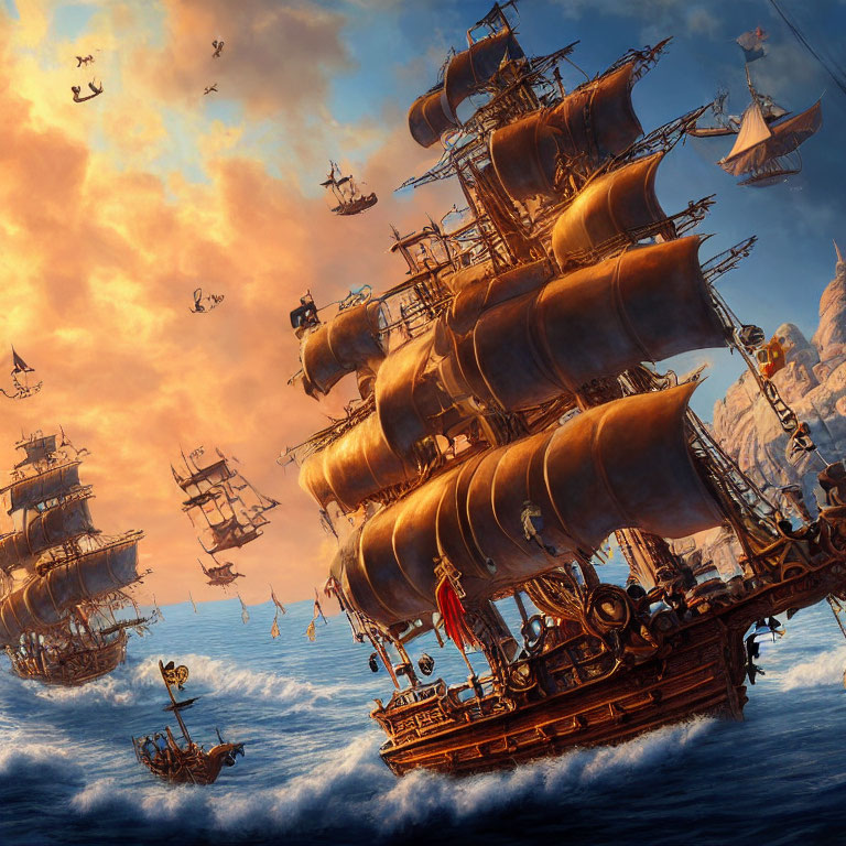 Majestic old sailing ships on choppy seas under an orange sky