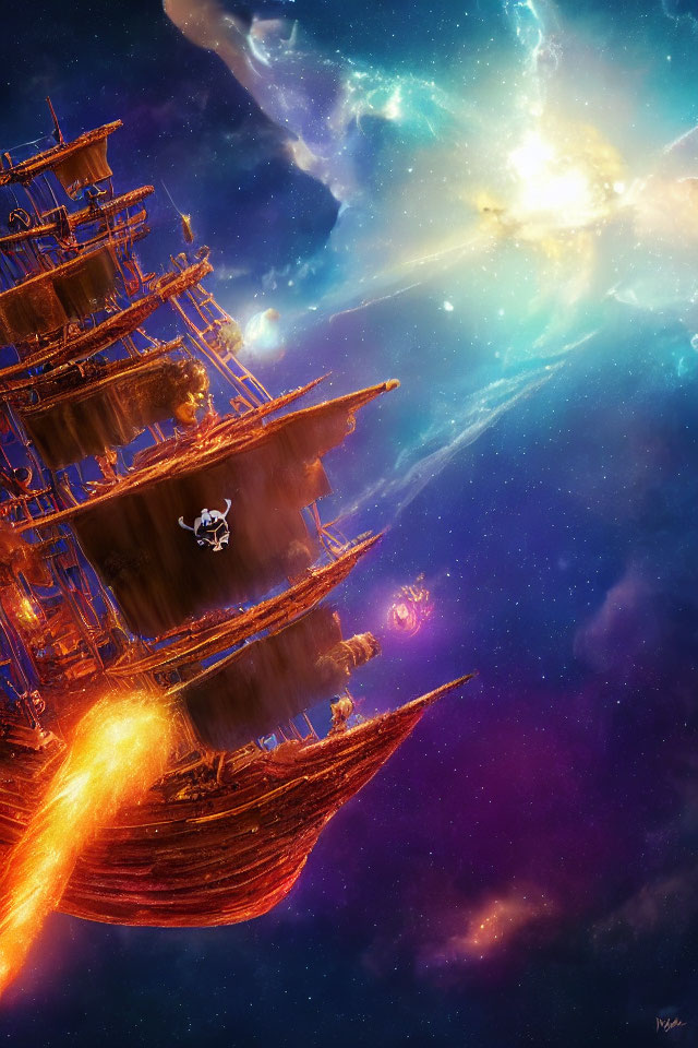 Space galleon with glowing sails in cosmic nebula