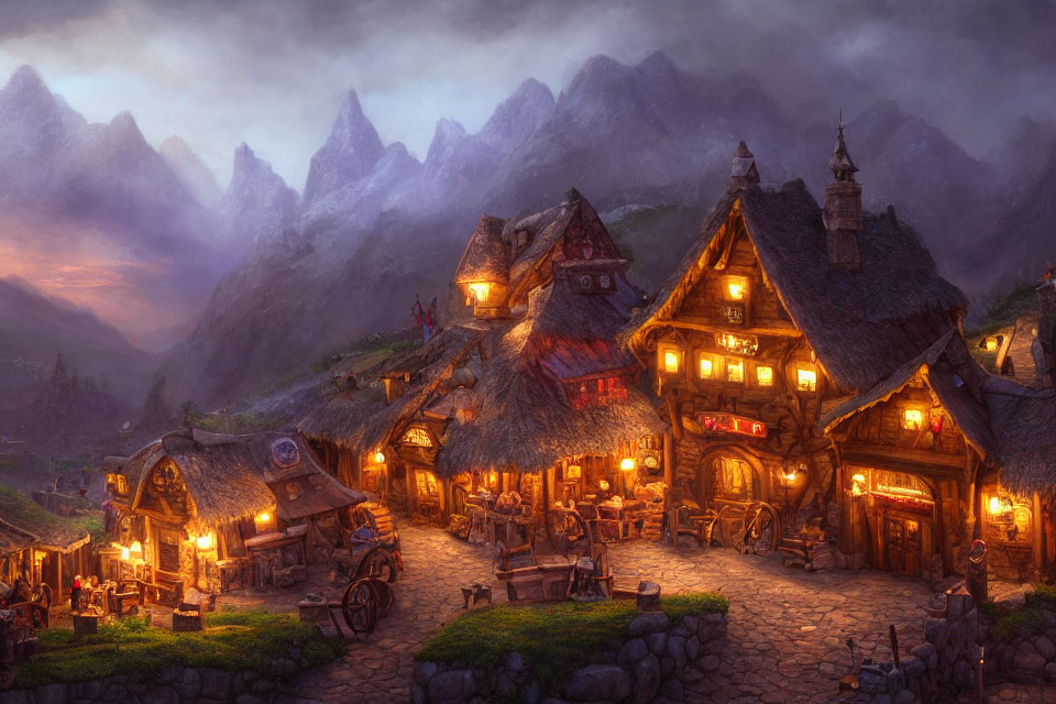 Twilight fantasy village with thatched-roof buildings in mountainous setting