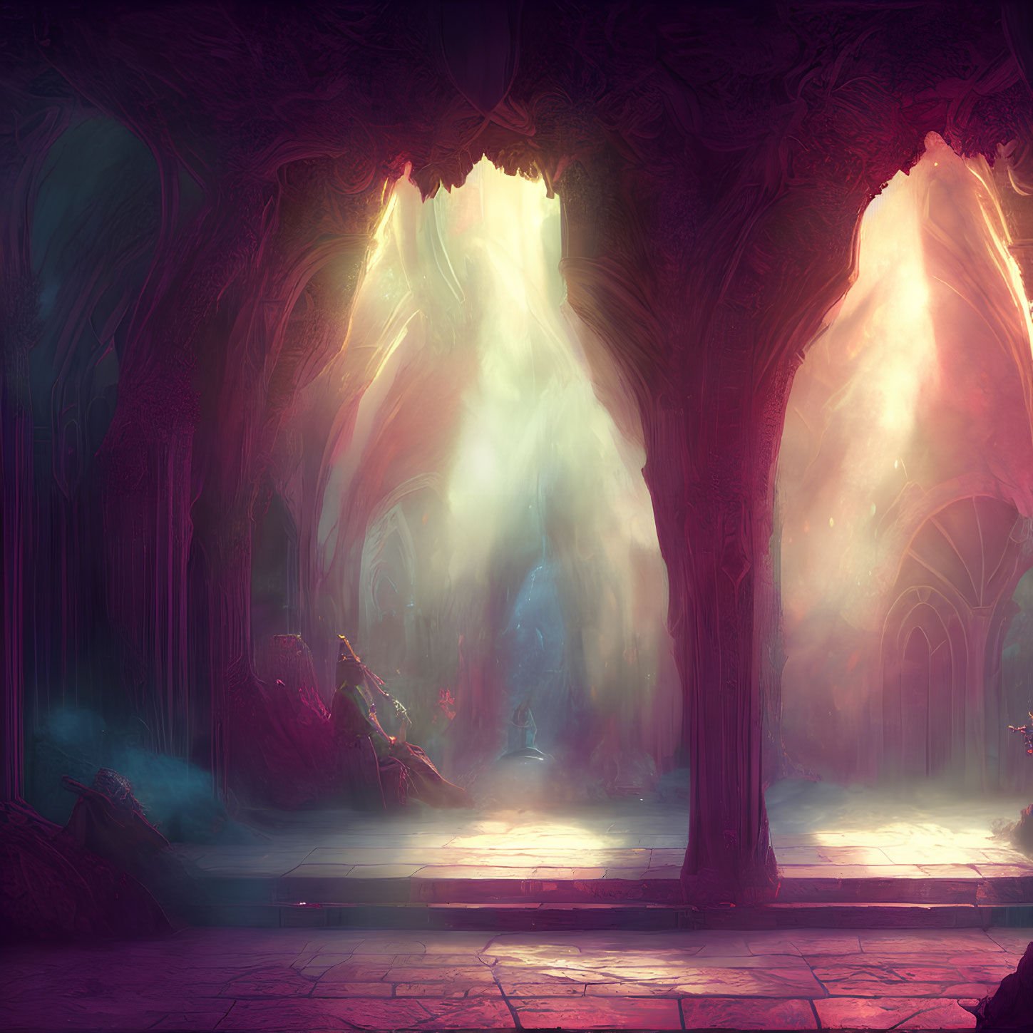 Vibrant mystical forest scene with enchanted fountain and intricate trees