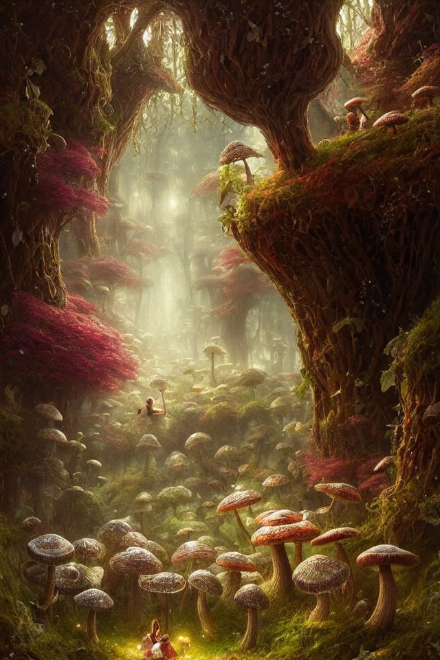 Enchanted forest scene with oversized mushrooms and vibrant red foliage