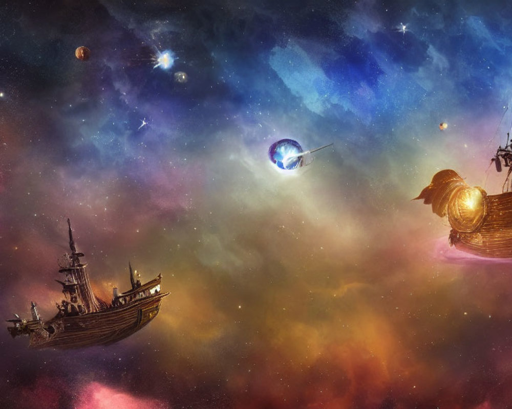 Fantastical cosmic ocean with sailing ships, nebulae, starfields, and planets