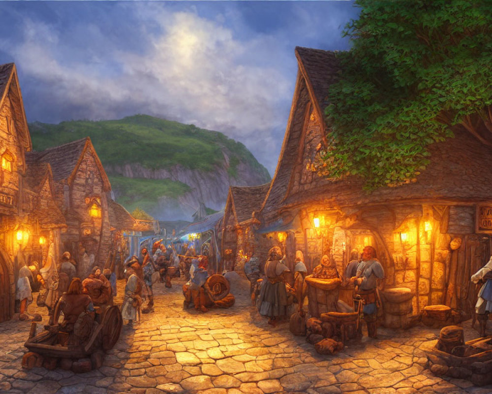 Medieval village scene at dusk with villagers, merchants, cobblestone paths, thatched-roof