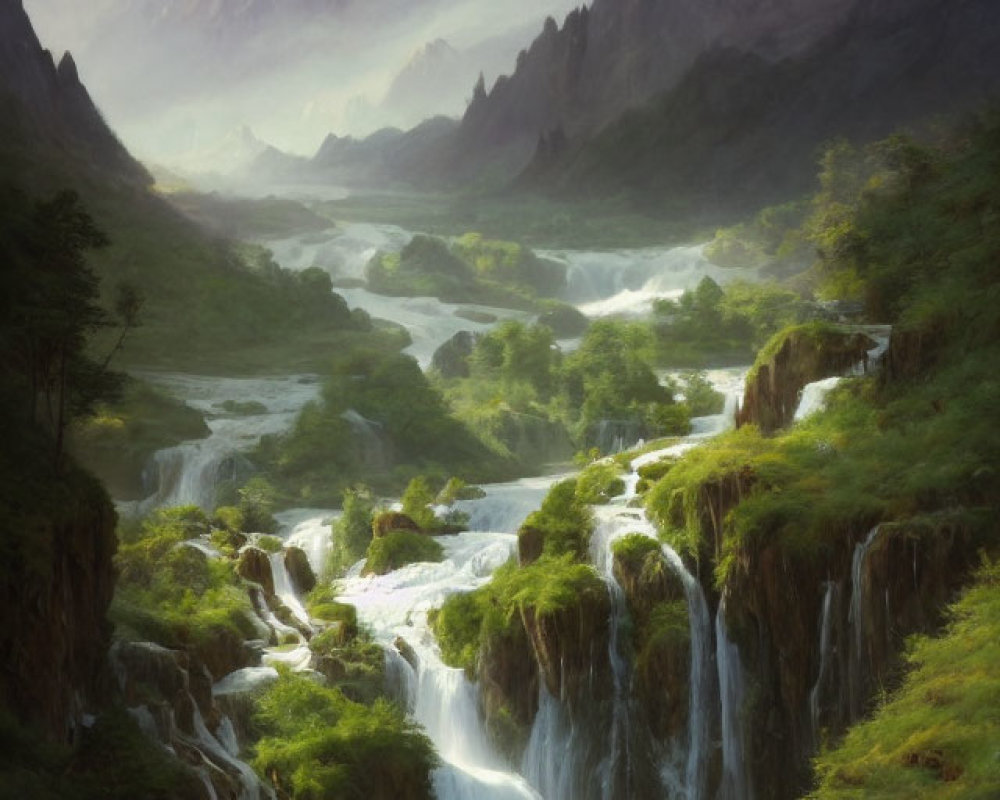 Scenic Valley with Waterfalls, River, and Mountains