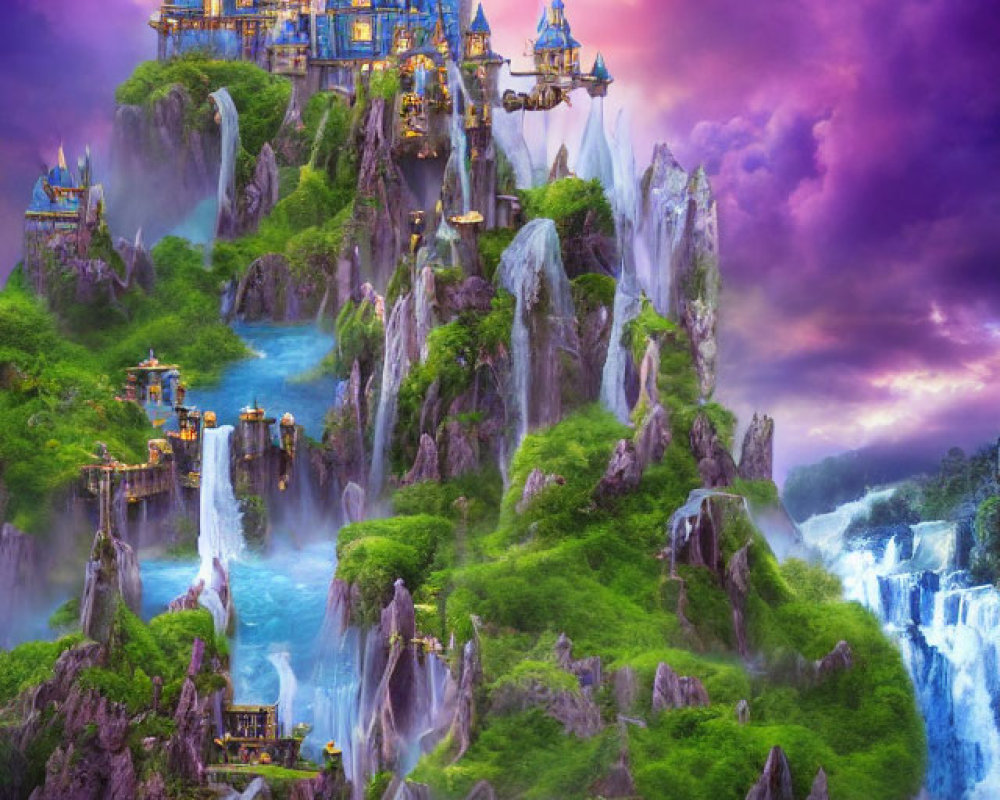 Fantasy landscape with waterfalls, greenery, castles, pink and purple sky