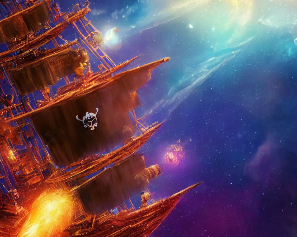 Space galleon with glowing sails in cosmic nebula