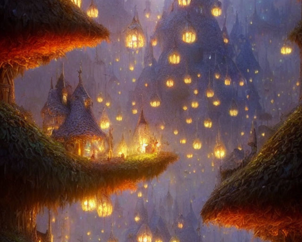Enchanted village with glowing lanterns and thatched-roof cottages in twilight forest.