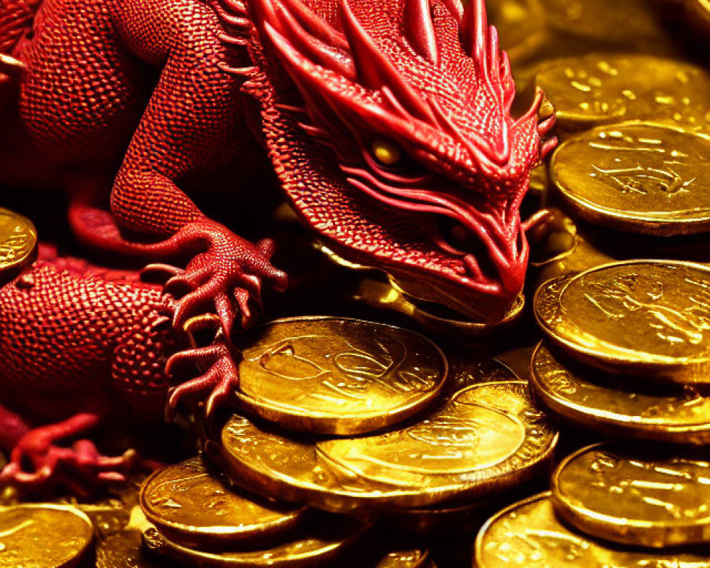 Red Dragon Figurine on Gold Coins in Warm Light