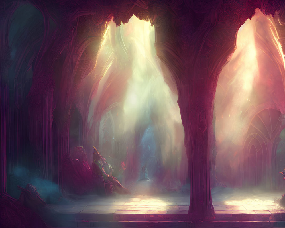 Vibrant mystical forest scene with enchanted fountain and intricate trees