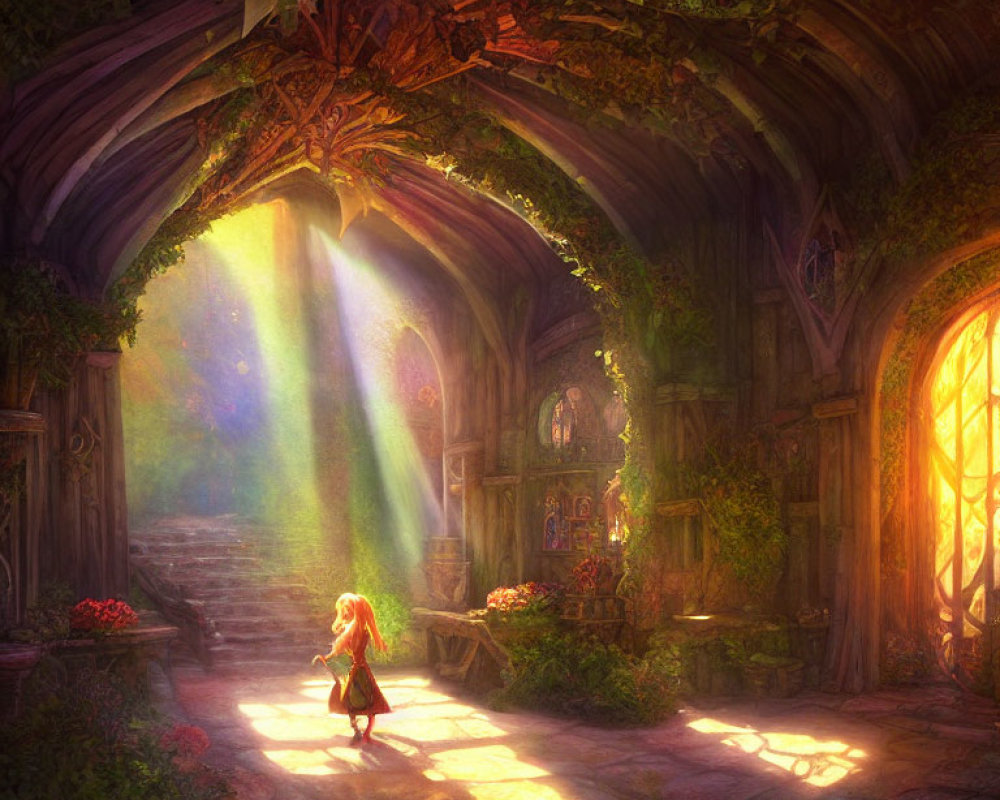 Young girl in vibrant forest cathedral with intricate stonework & ethereal light