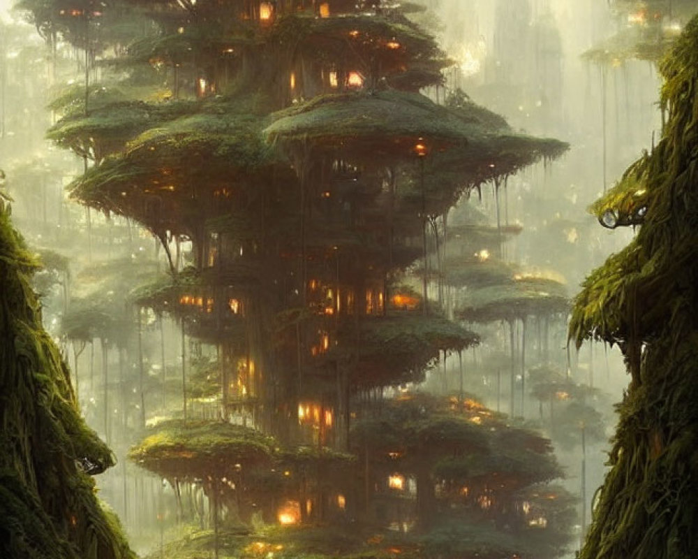Enchanting forest with towering trees and glowing canopies