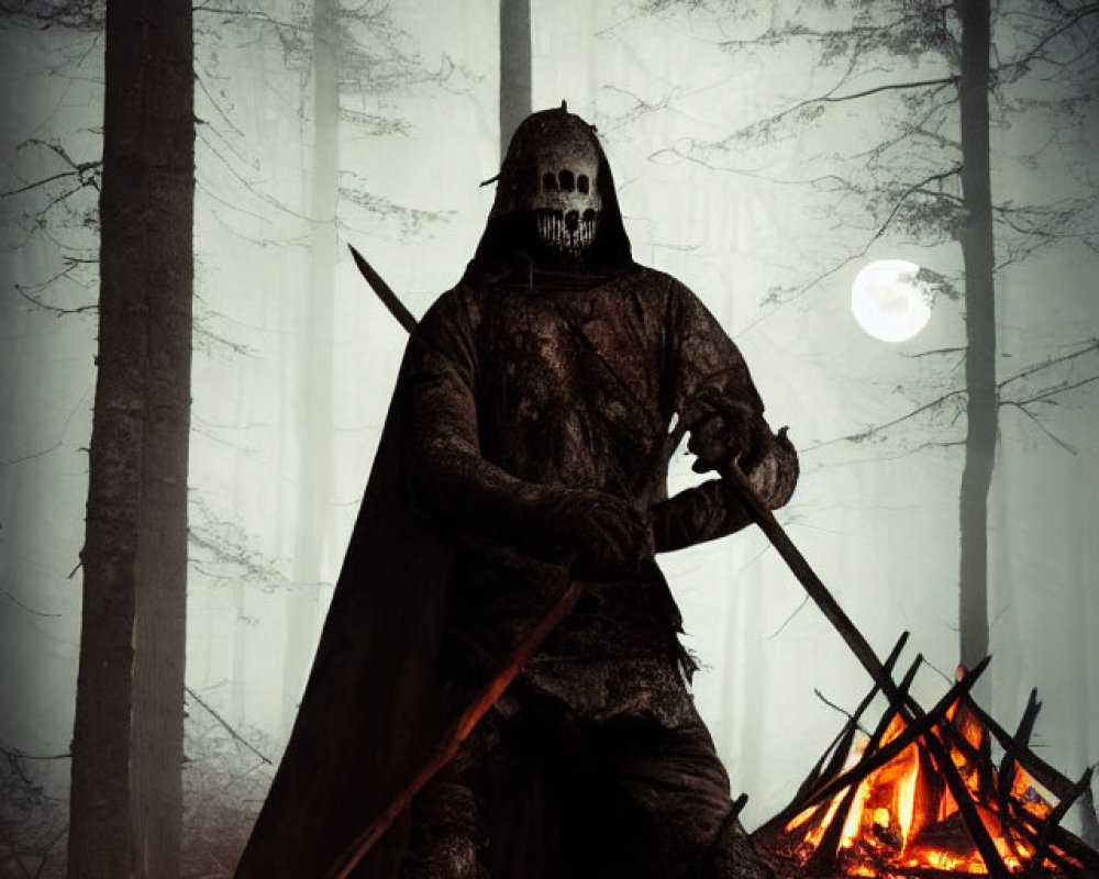 Sinister figure in skull mask and armor by campfire in misty forest