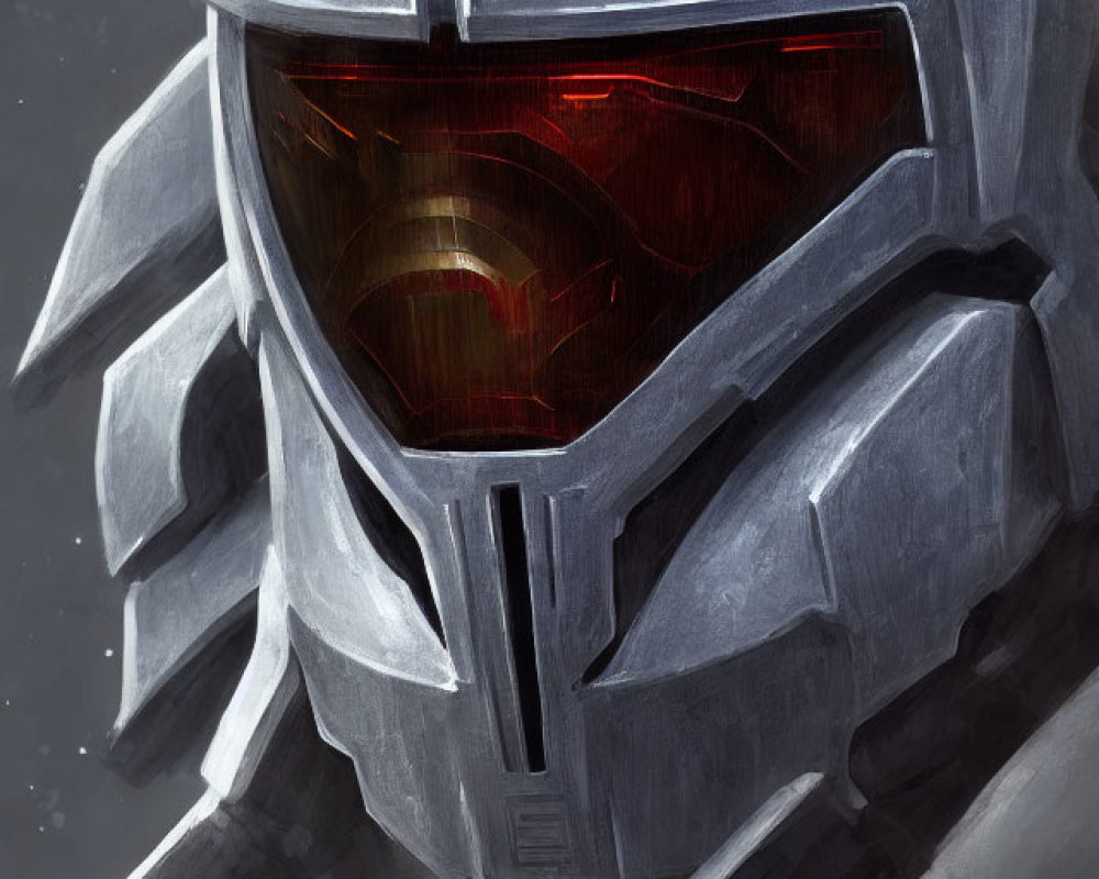 Futuristic character in reflective red visor and metallic armor against starry backdrop