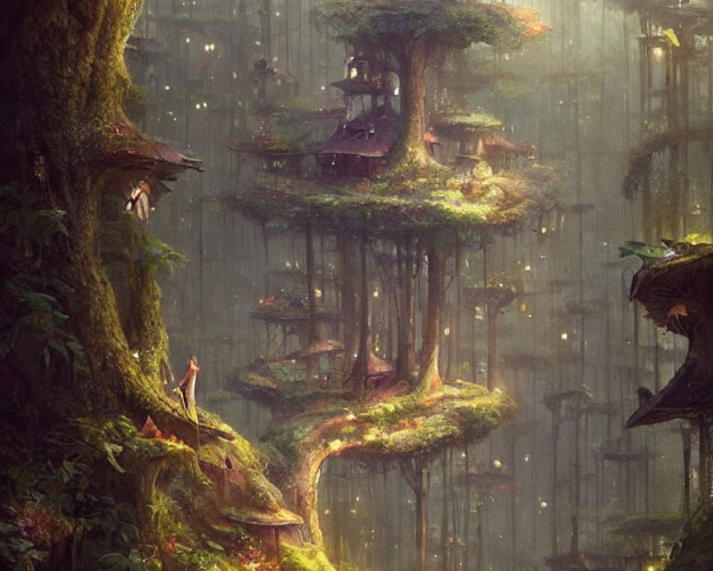 Majestic forest with towering trees and magical treehouses in misty light