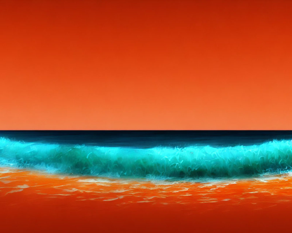 Vibrant turquoise wave on orange background: striking sea-sky contrast