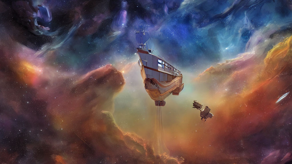 Sailing ship and spacecraft in colorful nebula and stars