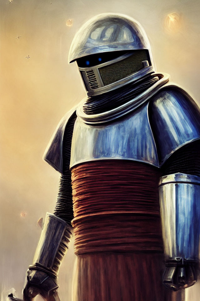 Futuristic knight in blue armor with high-tech helmet on warm-lit background