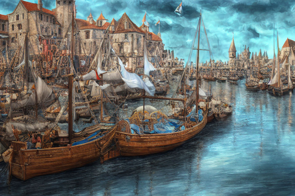 Detailed Medieval Harbor Scene with Boats and European Townscape