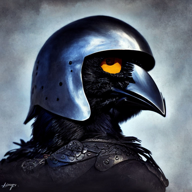 Stylized image of raven merged with medieval armor