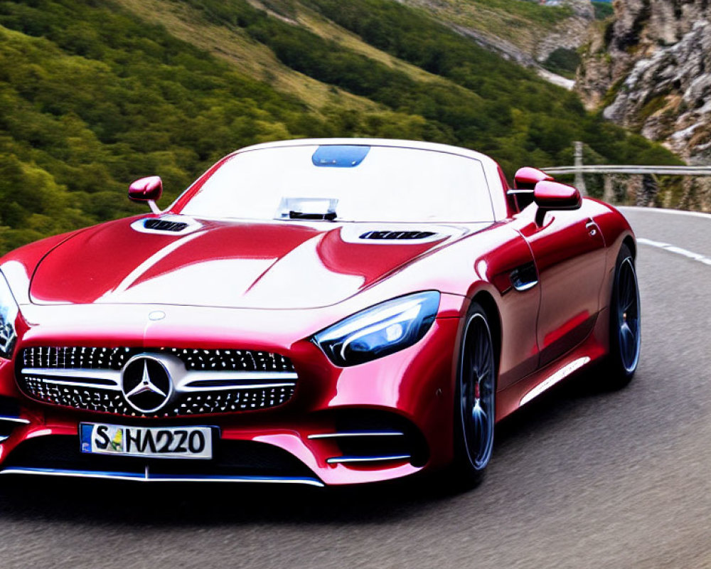 Red Mercedes-Benz Convertible Sports Car on Mountain Road
