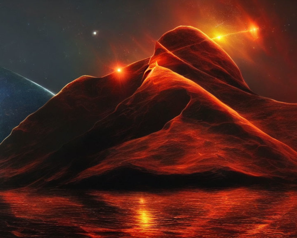 Digital artwork: Volcanic landscape with glowing lava, starry sky, cool and warm color tones