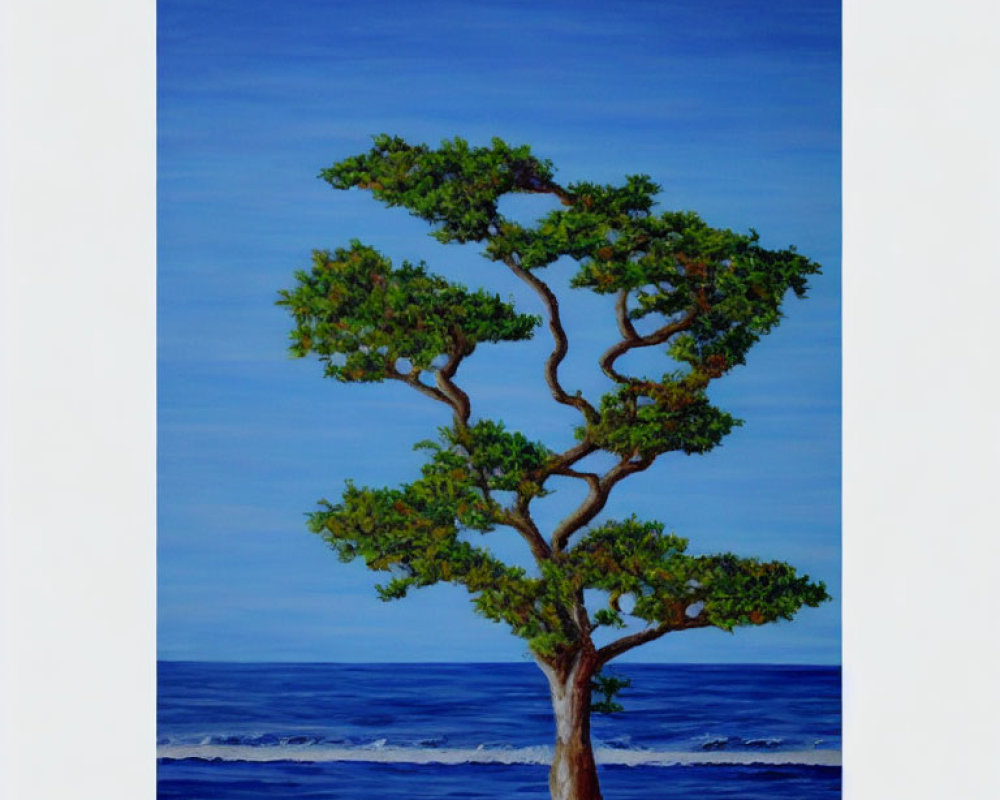 Curvy Bonsai Tree Painting Against Ocean and Sky