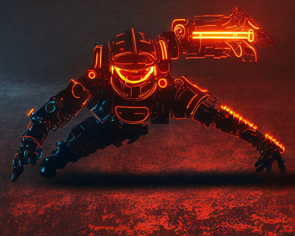 Futuristic robot with glowing orange lines in dynamic pose on textured ground