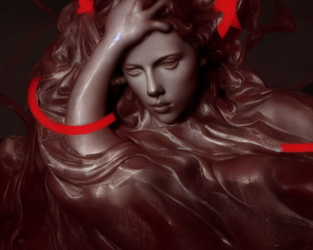 Classical sculpture with red neon accents on dark background