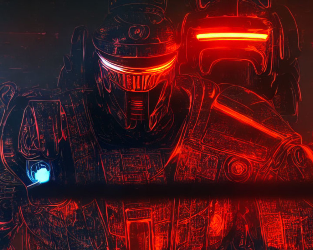 Futuristic soldier in red neon outlines with glowing visor and weapon on dark background