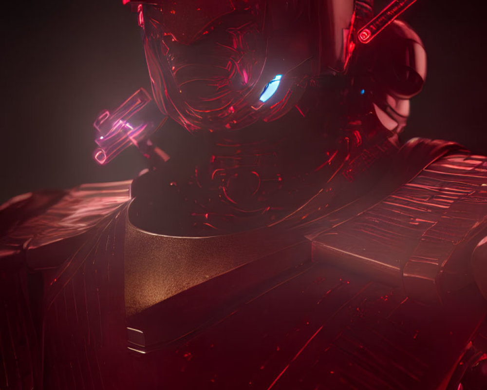 Futuristic robot with glowing red visor in dark, moody setting