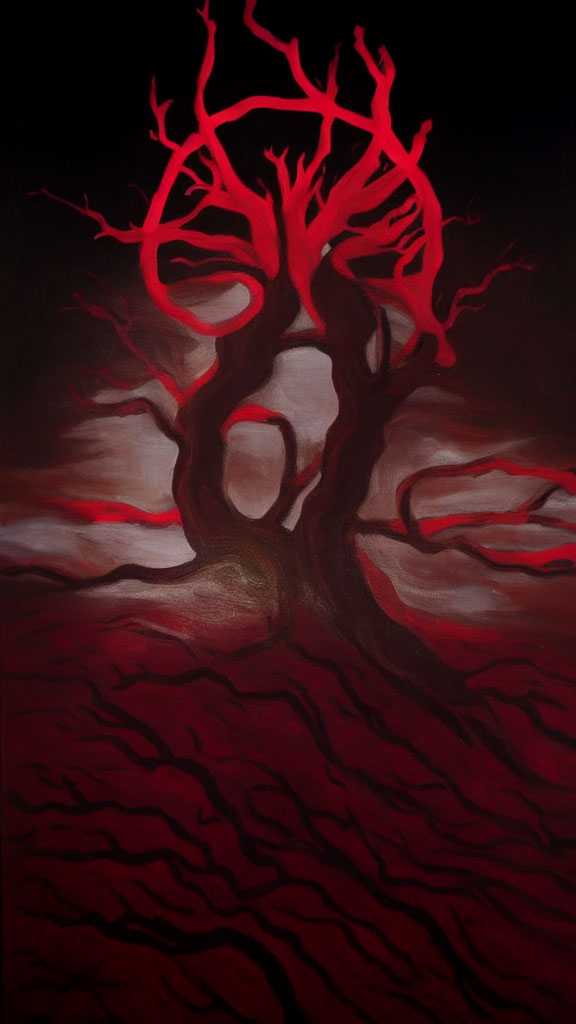 Dark painting of stark tree with red, vein-like branches on ominous background