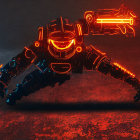 Futuristic soldier in red neon outlines with glowing visor and weapon on dark background