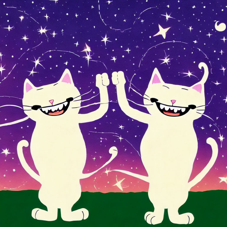 Cartoon Cats High-Fiving Under Starry Night Sky