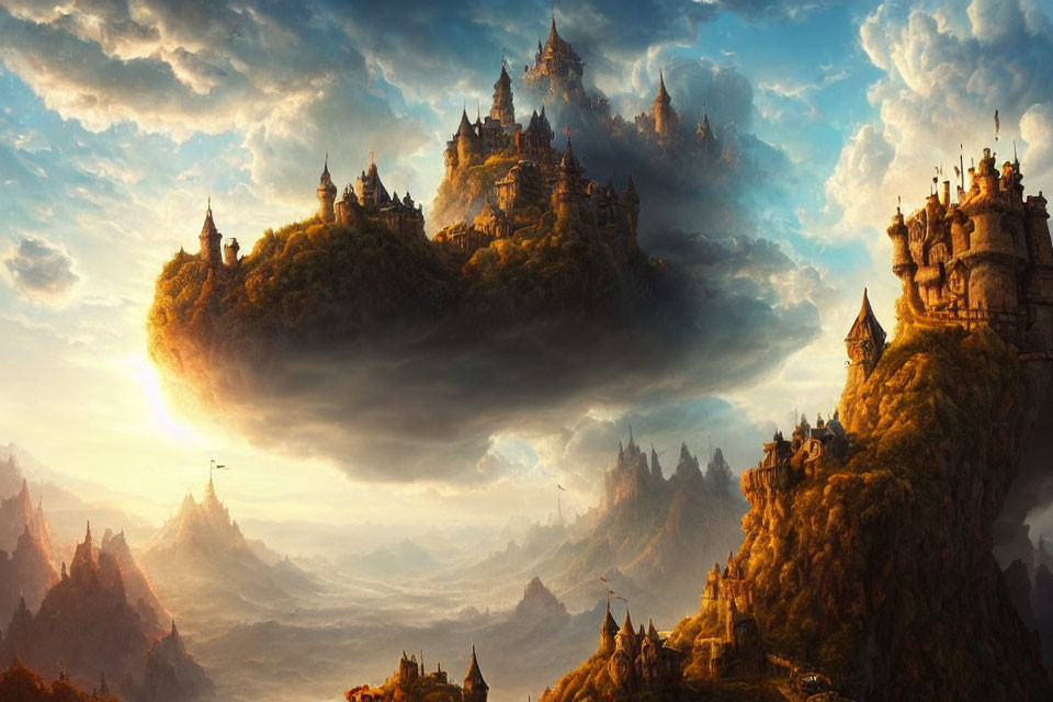 Fantastical landscape with floating castles on rocky islands in golden-hued sky