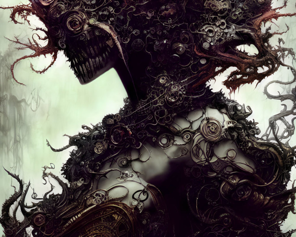 Dark Fantasy Illustration of Mechanical Creature with Skull-like Face