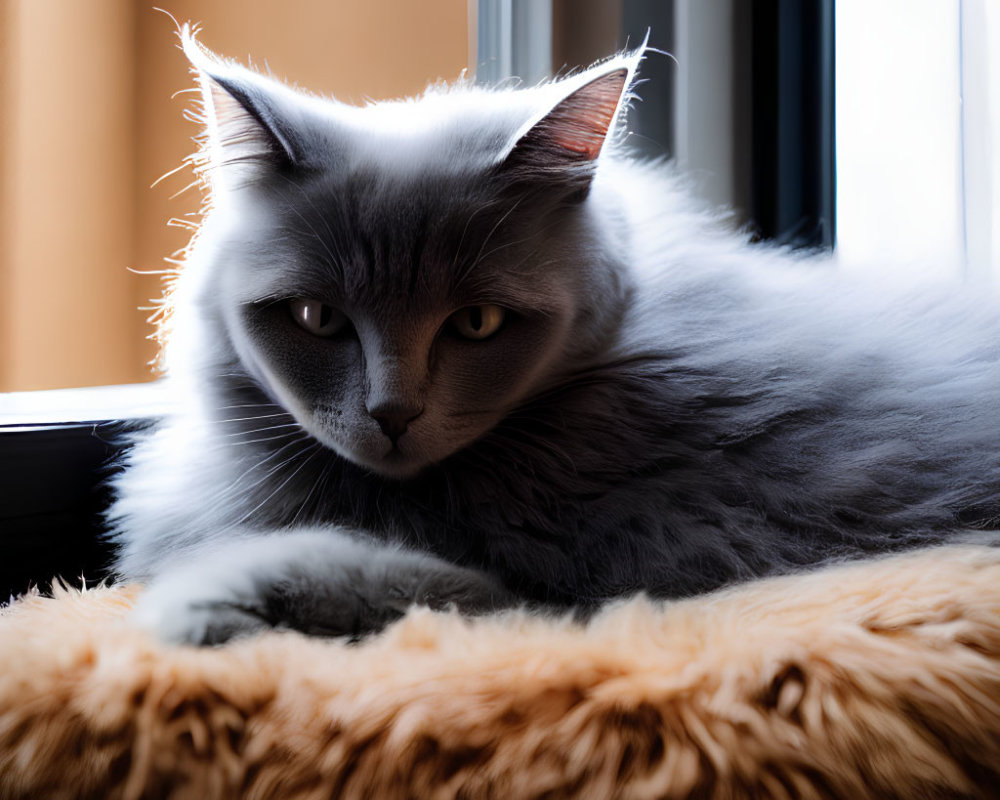 Fluffy grey cat with striking eyes lounging by window with moody backlighting
