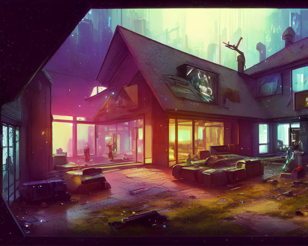 Futuristic neon-lit urban scene with abandoned interiors and city silhouette