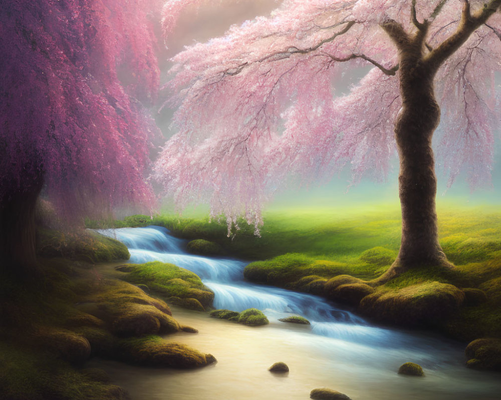 Tranquil stream in mossy forest with pink cherry blossoms